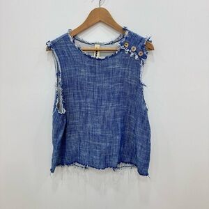 Anthropologie Amadi Blue Frayed Crop Tank Blouse Sz XL wooden buttons